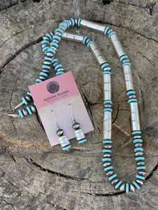 Navajo Sterling Silver Turquoise Handmade Beaded Necklace & Earrings Set
