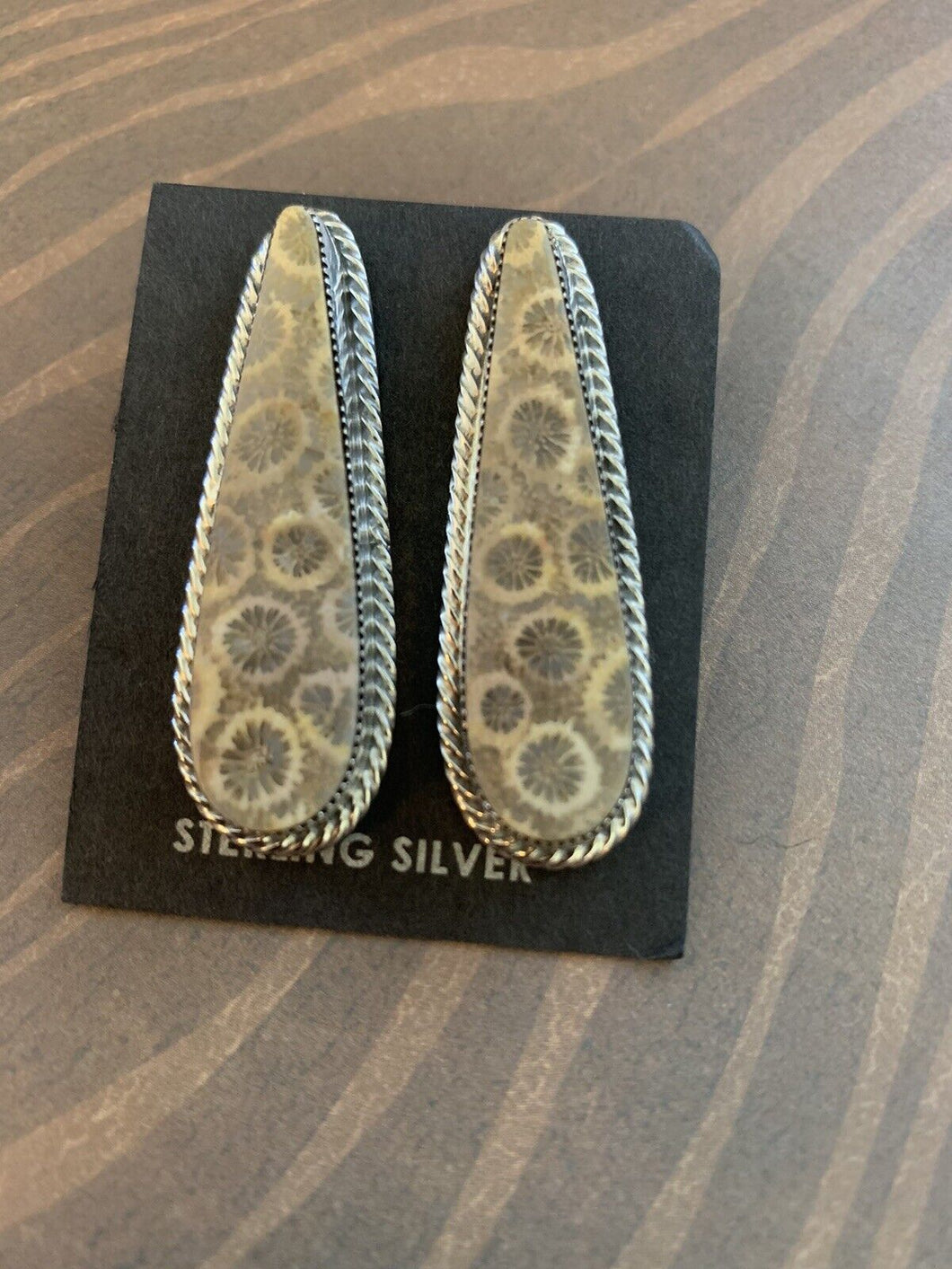 Navajo Fossilized Coral & Sterling Silver Post Earrings Signed