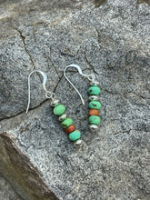Load image into Gallery viewer, Navajo Sterling Apple Coral  &amp; Green Kingman Turquoise Dangle Bead Earrings