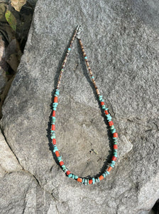 Navajo Turquoise, Heishi and Coral Beaded 16 Inch Necklace