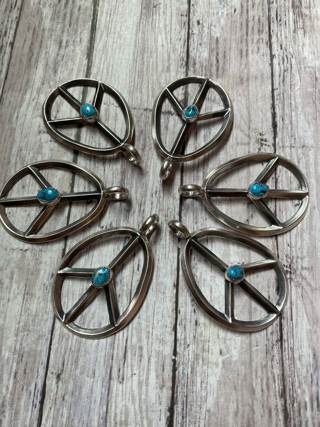 Navajo Sterling Silver & Kingman Turquoise Peace Sign Pendant Signed