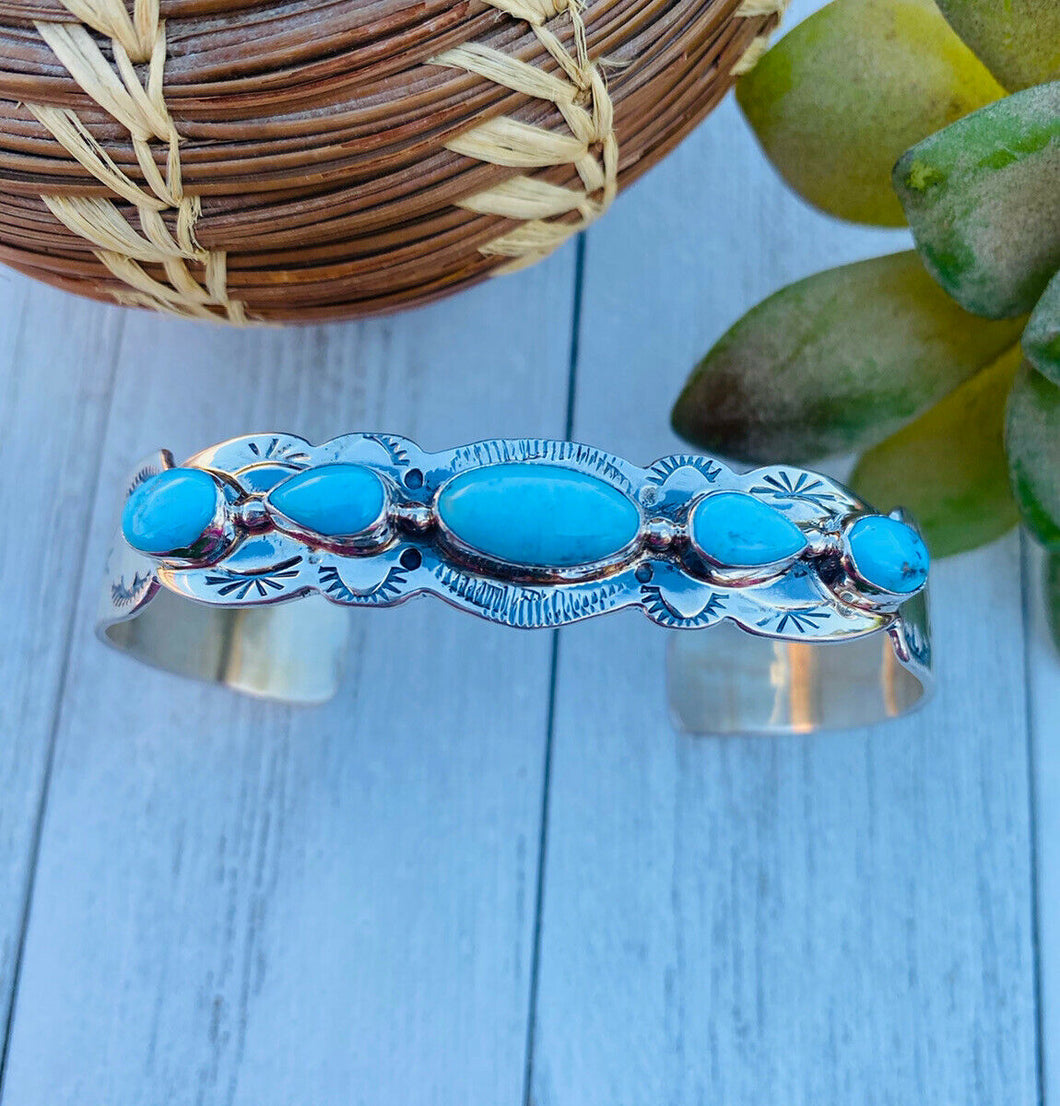 Navajo Sterling Silver & Turquoise Five Stone Cuff Bracelet Signed