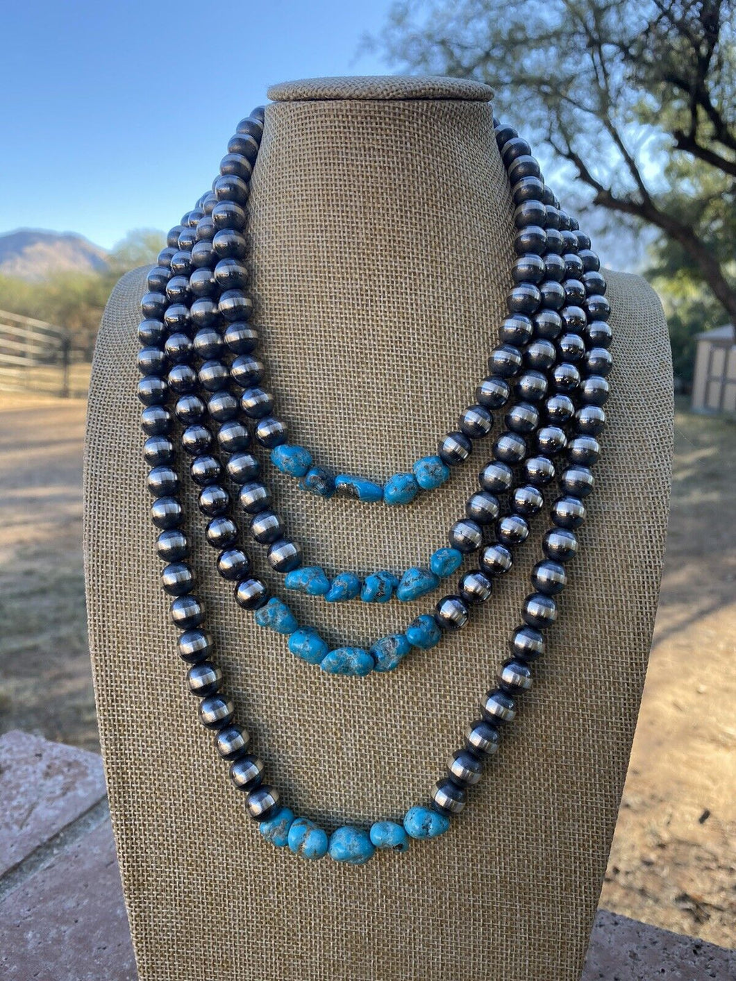10mm Sterling Silver Pearls with Natural Kingman Turquoise