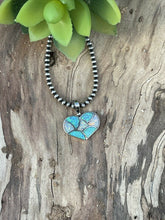 Load image into Gallery viewer, Zuni Iridescent Blue / White  Opal &amp; Sterling Silver Heart Pendant