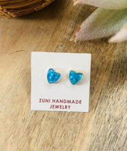 Load image into Gallery viewer, Zuni Blue Opal &amp; Sterling Silver Heart Stud Earrings
