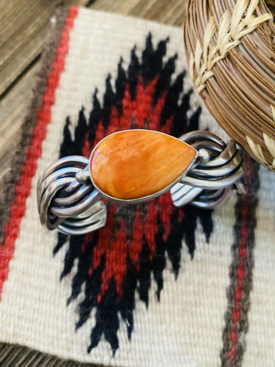 Navajo Orange Spiny & Sterling Silver Braided Cuff Bracelet Signed