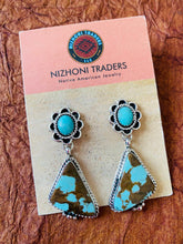 Load image into Gallery viewer, Navajo Number 8 Turquoise &amp; Sterling Silver Flower Dangle Earrings