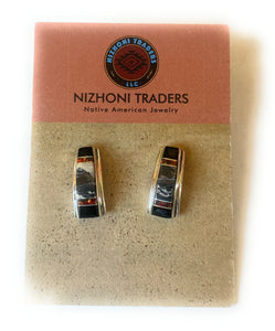 Navajo Multi Stone & Sterling Silver Inlay Dangle Earrings Signed