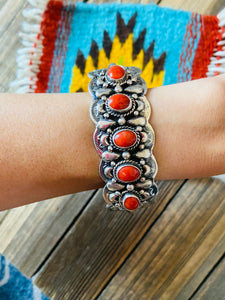 Navajo Coral & Sterling Silver Cuff Bracelet By Marcella James