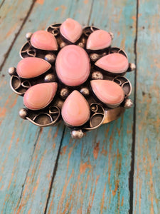 Navajo Queen Pink Conch Shell & Sterling Silver Cluster Cuff Bracelet Signed