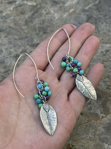 Navajo Sterling Silver & Multi Stone Leaf Dangle Earrings