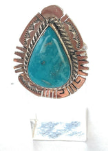 Load image into Gallery viewer, Navajo Kingman Turquoise &amp; Stamped Sterling Silver Statement Ring