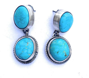 Navajo Sterling Silver & Turquoise Hand Stamped Dangle Earrings