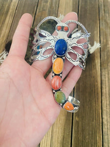 Navajo Sterling Silver & Multi Stone Dragonfly Cuff Bracelet By Russell Sam