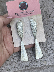 Navajo Fossilized Coral & Sterling Silver Dangle Earrings Signed