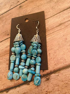Navajo Turquoise And Sterling Silver Beaded Tassel Dangle Earrings