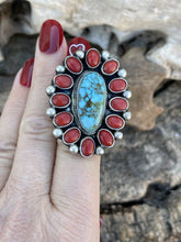 Load image into Gallery viewer, Navajo Sterling Silver Kingman Web Turquoise &amp; Red Coral Taos Ring Sz 8