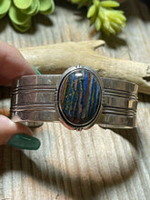 Load image into Gallery viewer, Unique Navajo Sterling Silver &amp; Rainbow Stone Signed Cuff Bracelet