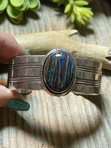 Unique Navajo Sterling Silver & Rainbow Stone Signed Cuff Bracelet