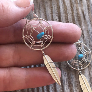 Navajo  Sterling Silver & Turquoise Dream Catcher, Dangle  Earrings