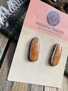 Navajo Orange Spiny & Sterling Silver Stud Earrings Signed