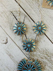 Zuni Sterling Silver & Turquoise Needlepoint  Necklace & Earring Set Signed