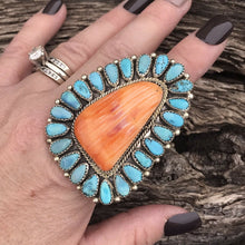 Load image into Gallery viewer, Navajo Sterling Silver, Turquoise &amp; Orange Spiny Oyster Ring Sz 8