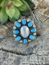 Load image into Gallery viewer, Navajo Cluster Turquoise &amp; Mother Of Pearl Sterling Silver Ring Sz Is Adjustable