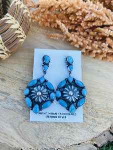 Navajo Morenci Turquoise & Sterling Silver Cluster Dangle Earrings Signed