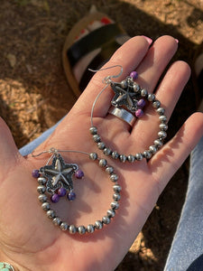 Navajo Sterling Silver Bead Purple Spiny Texas Hoop Earrings