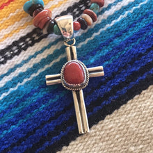 Load image into Gallery viewer, Navajo Sterling Silver Natural Red Coral Statement Cross Pendant Signed