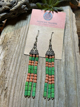 Load image into Gallery viewer, Navajo Sterling Dyed Green Kingman Turquoise and Pink Coral Bead Earrings