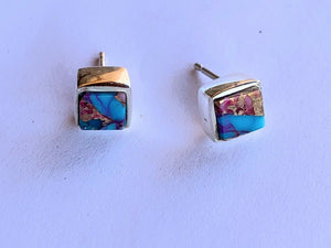 Navajo Pink Dream Mojave  Sterling Silver Square Stud Earrings