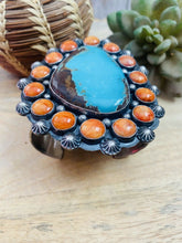 Load image into Gallery viewer, Navajo Orange Spiny, Turquoise &amp; Sterling Silver Cuff Bracelet Signed