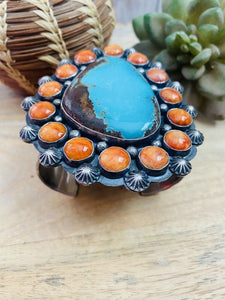 Navajo Orange Spiny, Turquoise & Sterling Silver Cuff Bracelet Signed