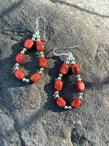 Navajo Sterling Silver Apple Coral Loop Beaded Dangle Earrings