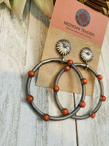 Navajo Orange Spiny & Sterling Silver Dangle Hoop Earrings