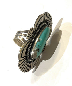 Navajo Handmade Turquoise & Sterling Silver Navajo Deco Ring Size 7.5