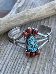 Navajo Sterling Kingman Web Turquoise & Red Coral Taos Bracelet Cuff Johnson