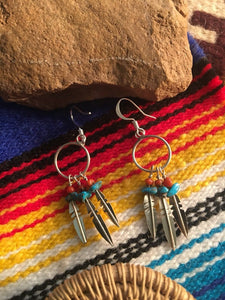 Navajo Sterling Silver & Multi Stone Feather Dangle Earrings