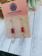 Load image into Gallery viewer, Navajo Coral &amp; Sterling Silver Feather Dangle Earrings