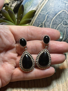 Beautiful Navajo Sterling Silver Black Onyx Teardrop Post Dangle Earrings