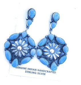 Navajo Morenci Turquoise & Sterling Silver Cluster Dangle Earrings Signed