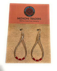 Navajo Sterling Liquid Silver & Coral Beaded Dangle Earrings