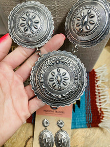 Navajo Hand Stamped Sterling Silver Necklace & Earring Set By Eugene Charley