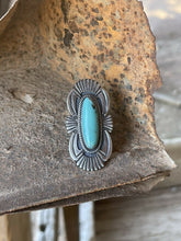 Load image into Gallery viewer, Navajo Handmade Turquoise &amp; Sterling Silver Navajo Deco Ring Size 7.5