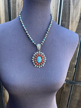 Load image into Gallery viewer, Navajo Sterling Kingman Web Turquoise &amp; Red Coral Taos Ornate Pendant D. Clark