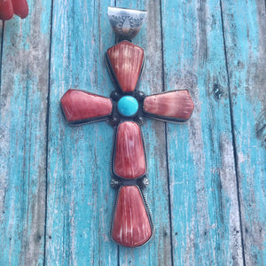 Navajo Sterling Silver Turquoise Spiny Statement Cross Pendant Signed