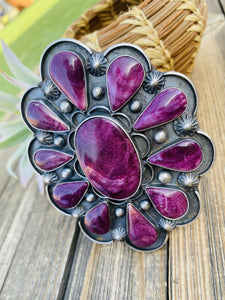 Stunning Navajo Sterling Silver & Purple Spiny Cluster Cuff Bracelet Signed