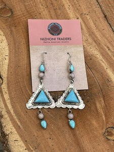 Navajo Sterling Southwest Triangle Pink Jasper Turquoise  Hook Dangle Earrings
